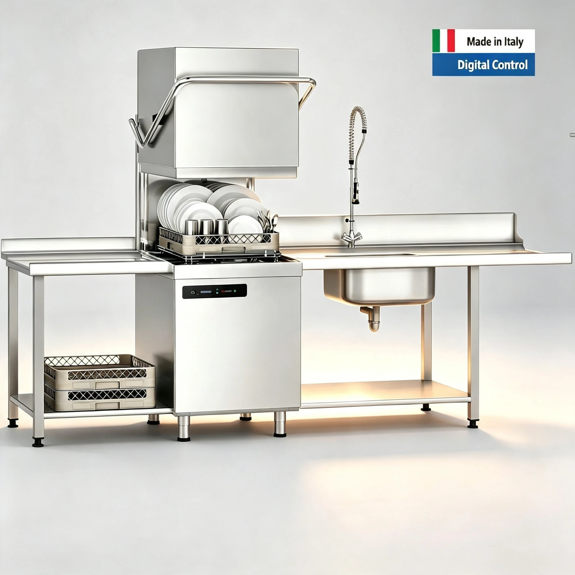 Double-Skinned Pass Through Dishwasher - 7.1 kW - with Drain Pump - with Automatic Detergent Pump - Digital Controls (1)