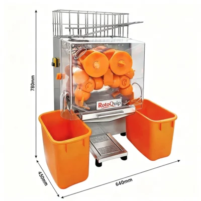 Commercial Electric Orange Juicer - 120W - 47kg - with 20 oranges/min, orange size 40-80mm, automatic feed, self-service - Stainless Steel
